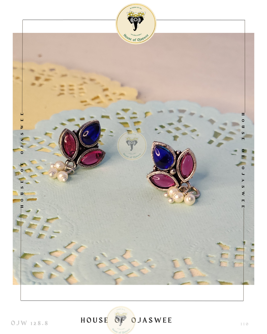 Oxidized Ethnic Earrings - Magenta-Blue