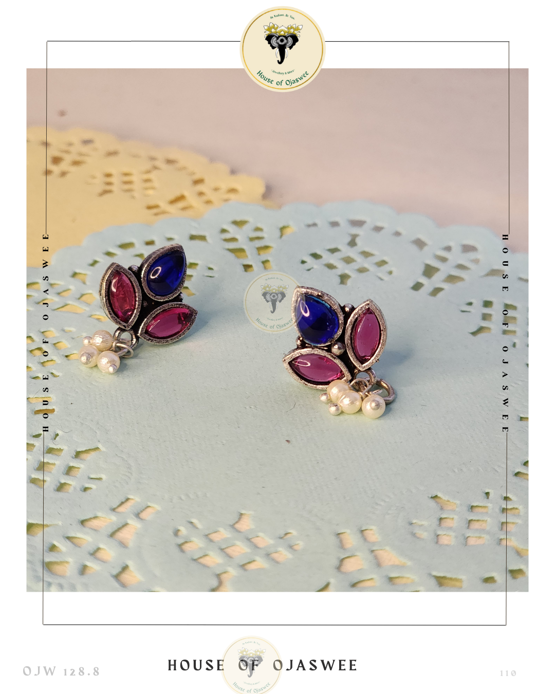 Oxidized Ethnic Earrings - Magenta-Blue