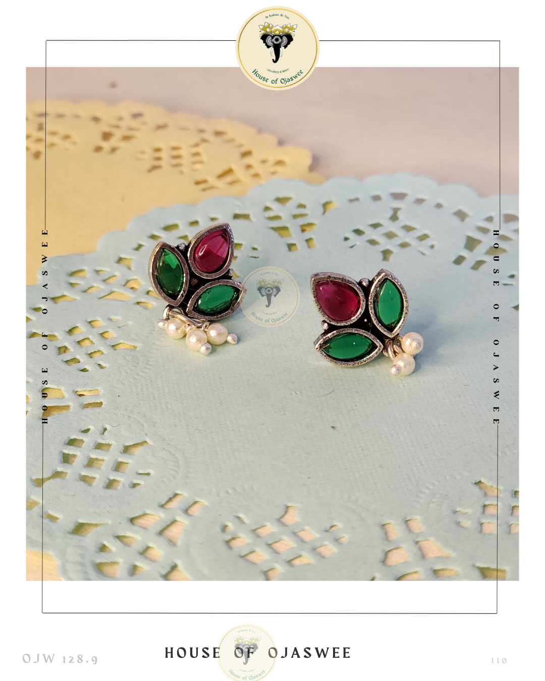 Oxidized Ethnic Earrings - Magenta-Green