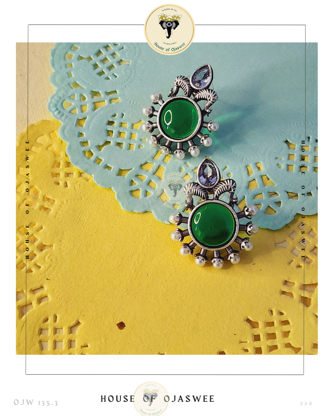 German Silver Earrings - Green & White 