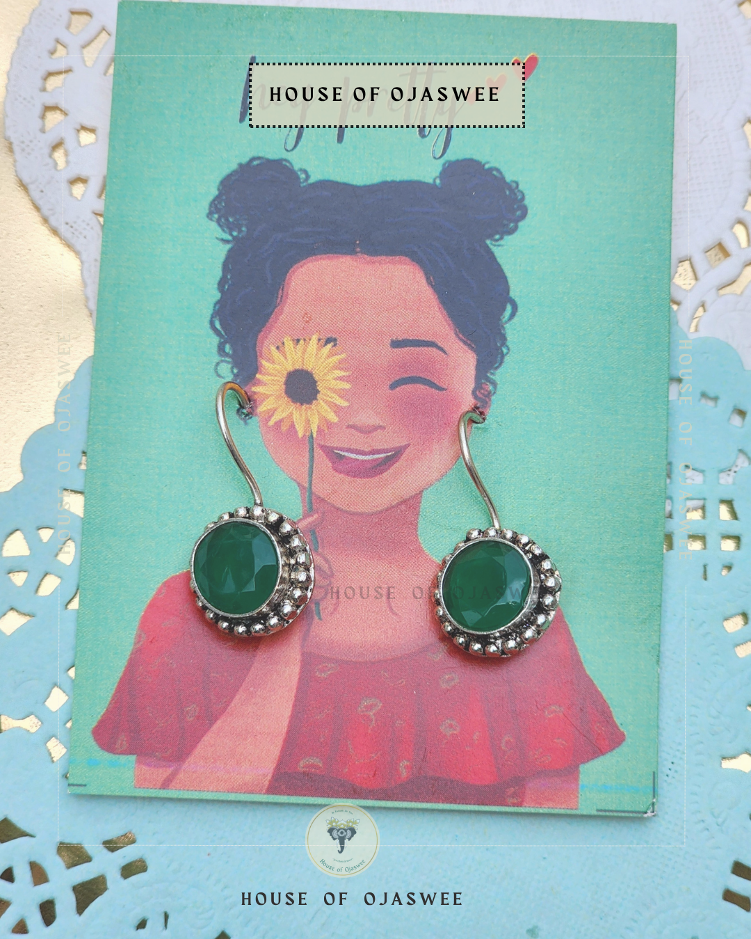 German Silver Earrings - Circle Green