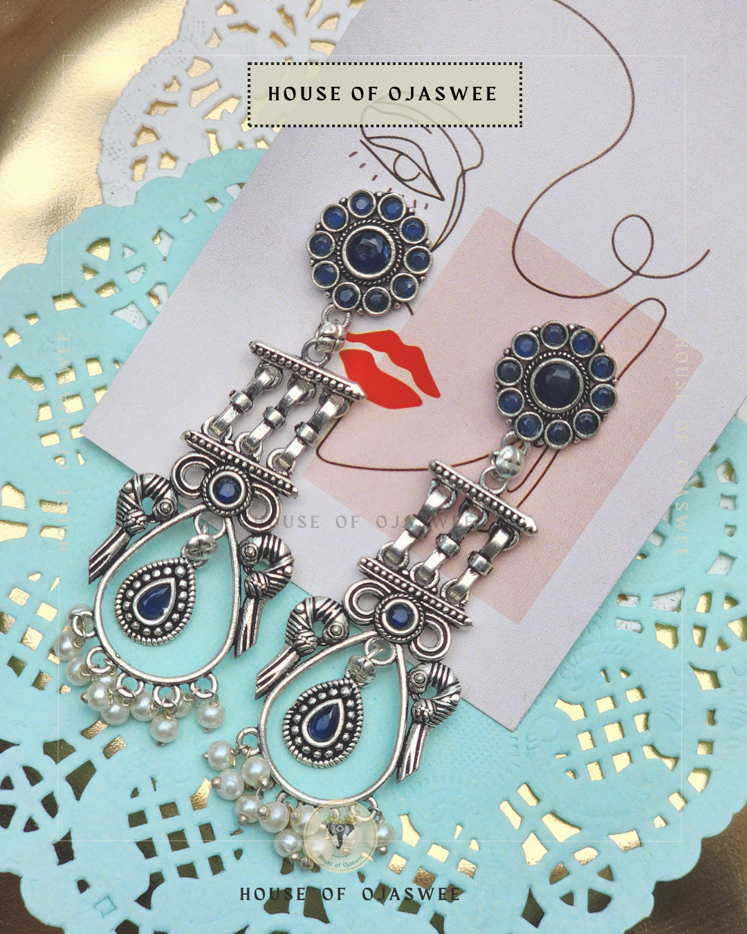 Oxidized Earrings - Blue with moti
