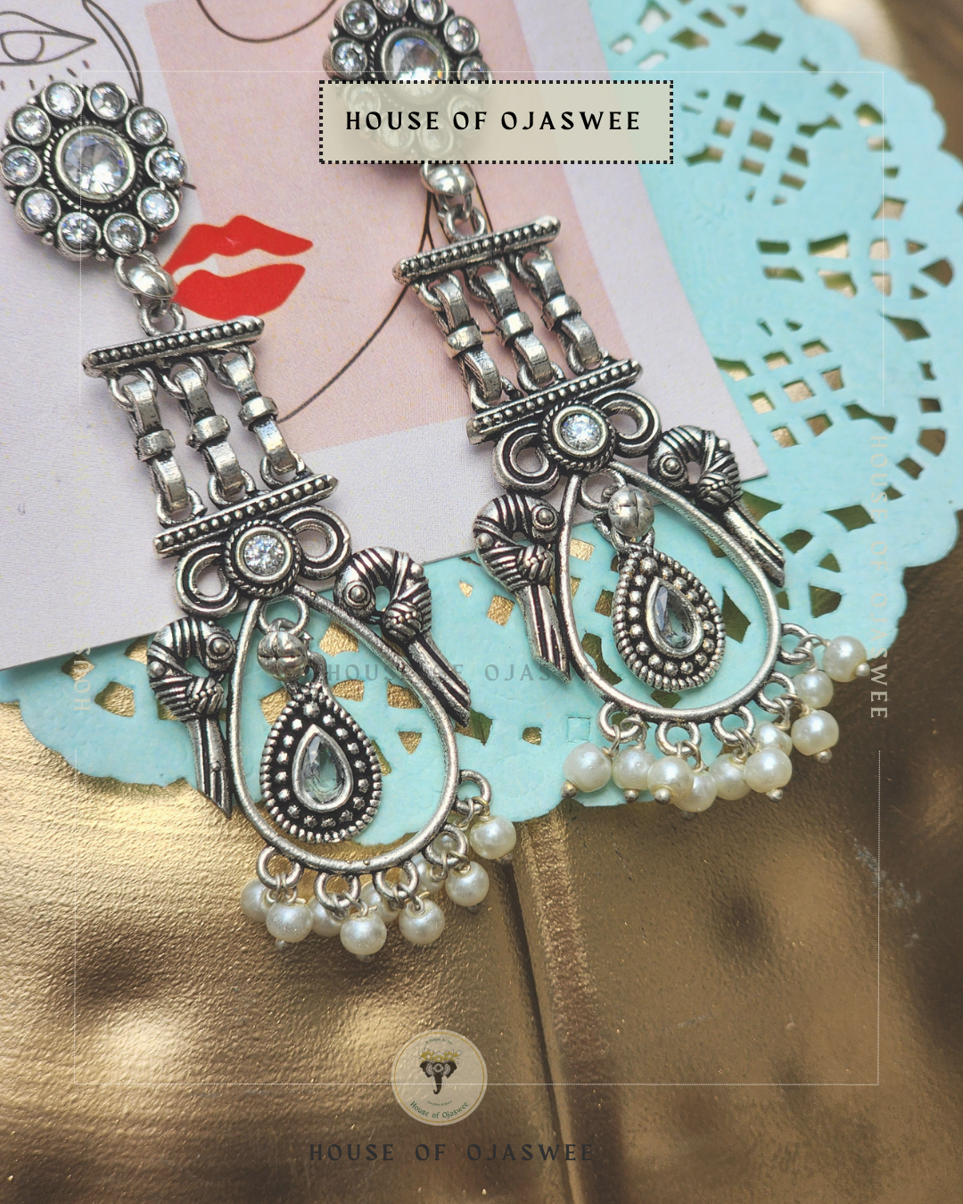 Oxidized Earrings - White with moti 
