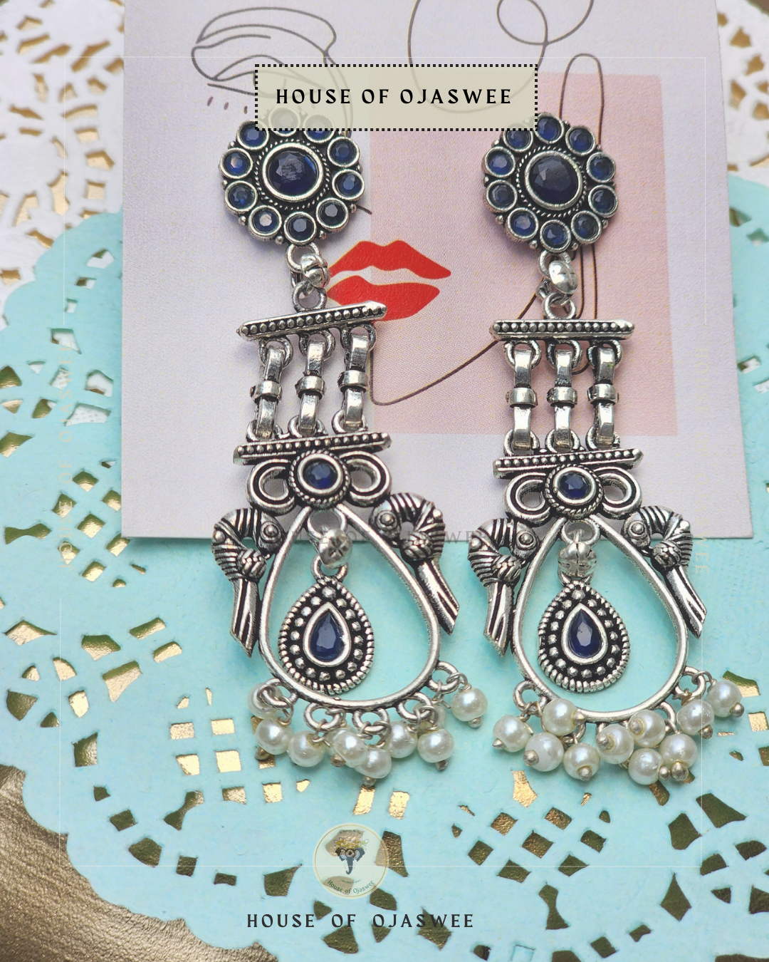 Oxidized Earrings - Blue  with moti 