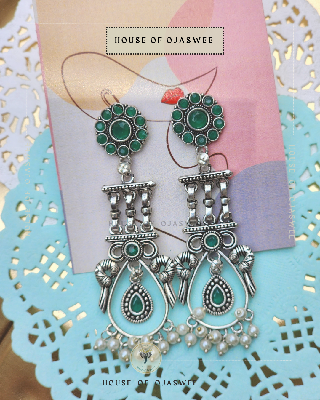 Oxidized Earrings - Green with moti