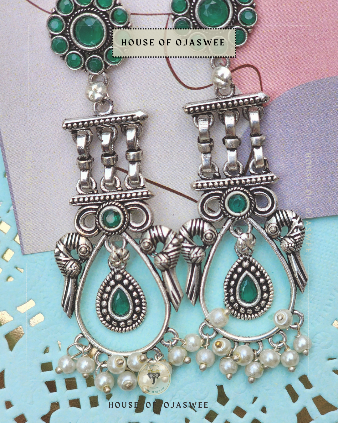 Oxidized Earrings - Green with moti 