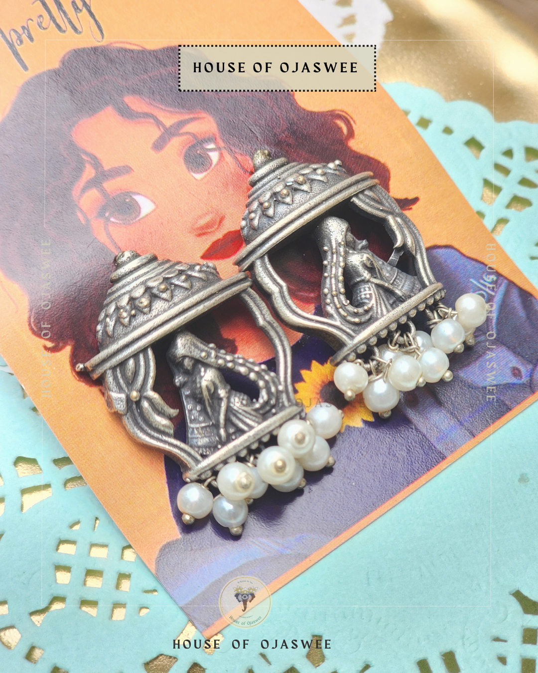 Oxidized Earrings Chariot with moti