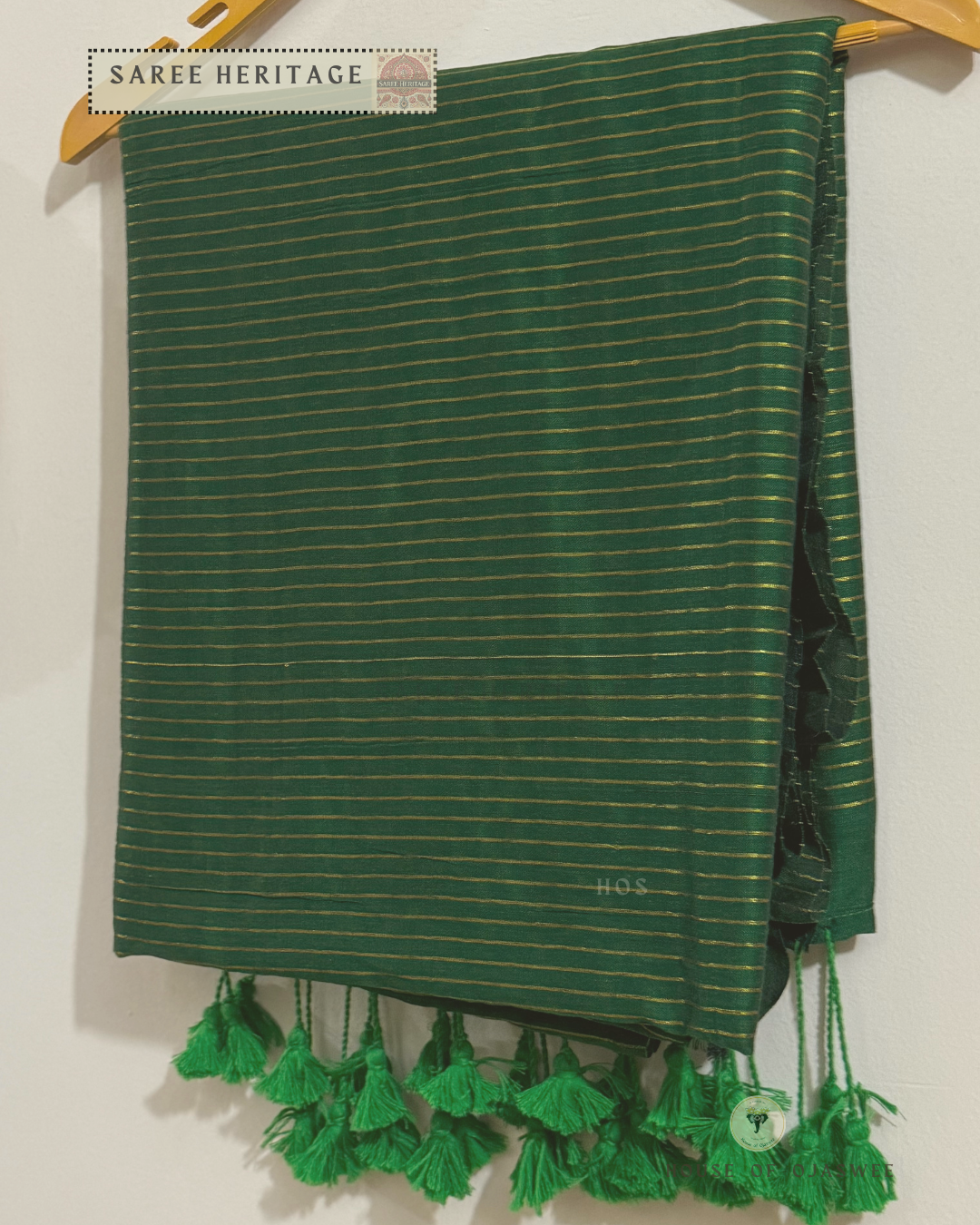 Green Khadi cotton silk saree with Golden jari strips