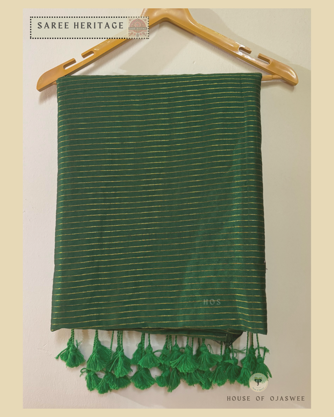 Green Khadi cotton silk saree with Golden jari strips