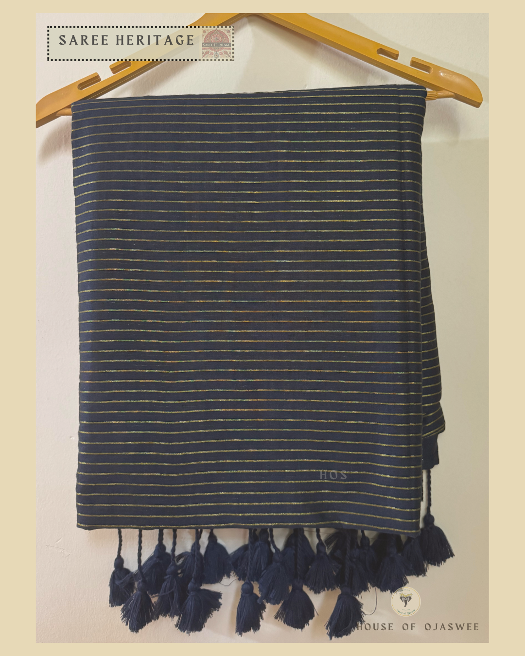 Navy Blue Khadi cotton silk saree with Golden jari stripes
