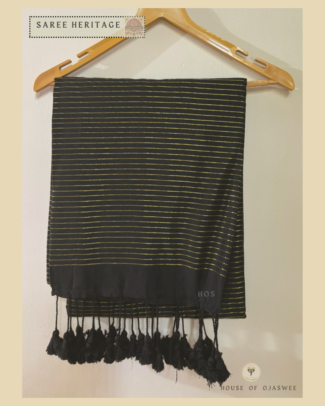 Black Khadi cotton silk saree with Golden jari stripes