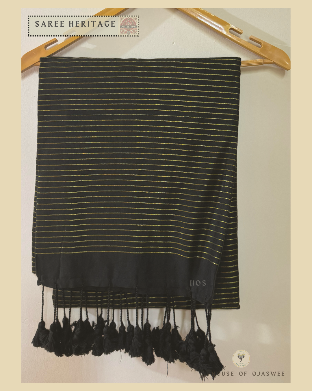 Black Khadi cotton silk saree with Golden jari stripes