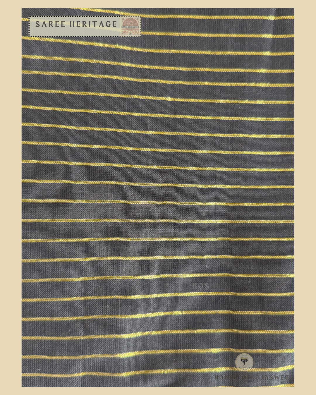 Black Khadi cotton silk saree with Golden jari stripes