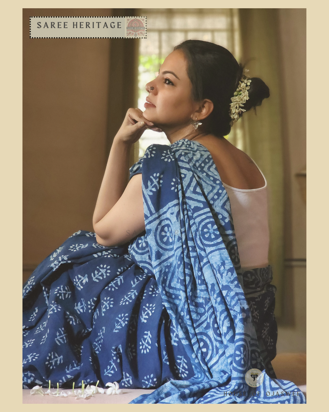  Indigo Blue Floral Printed Saree Mul Cotton 