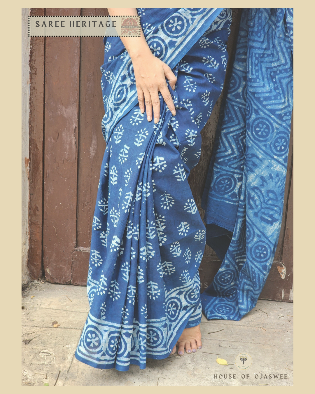  Indigo Blue Floral Printed Saree Mul Cotton 