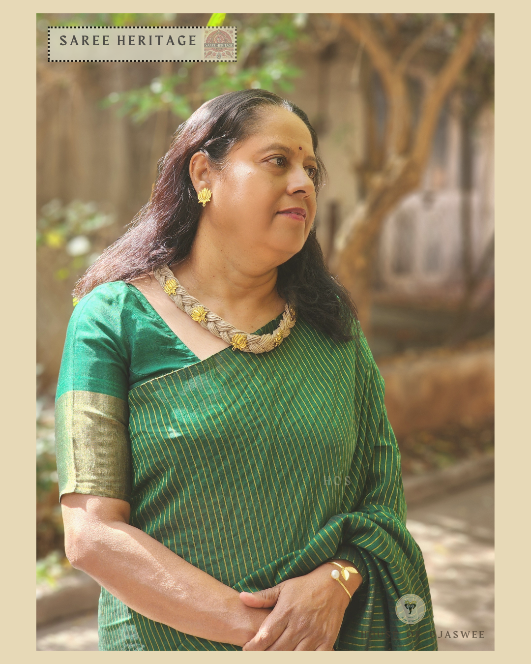 Green Khadi cotton silk saree with Golden jari strips