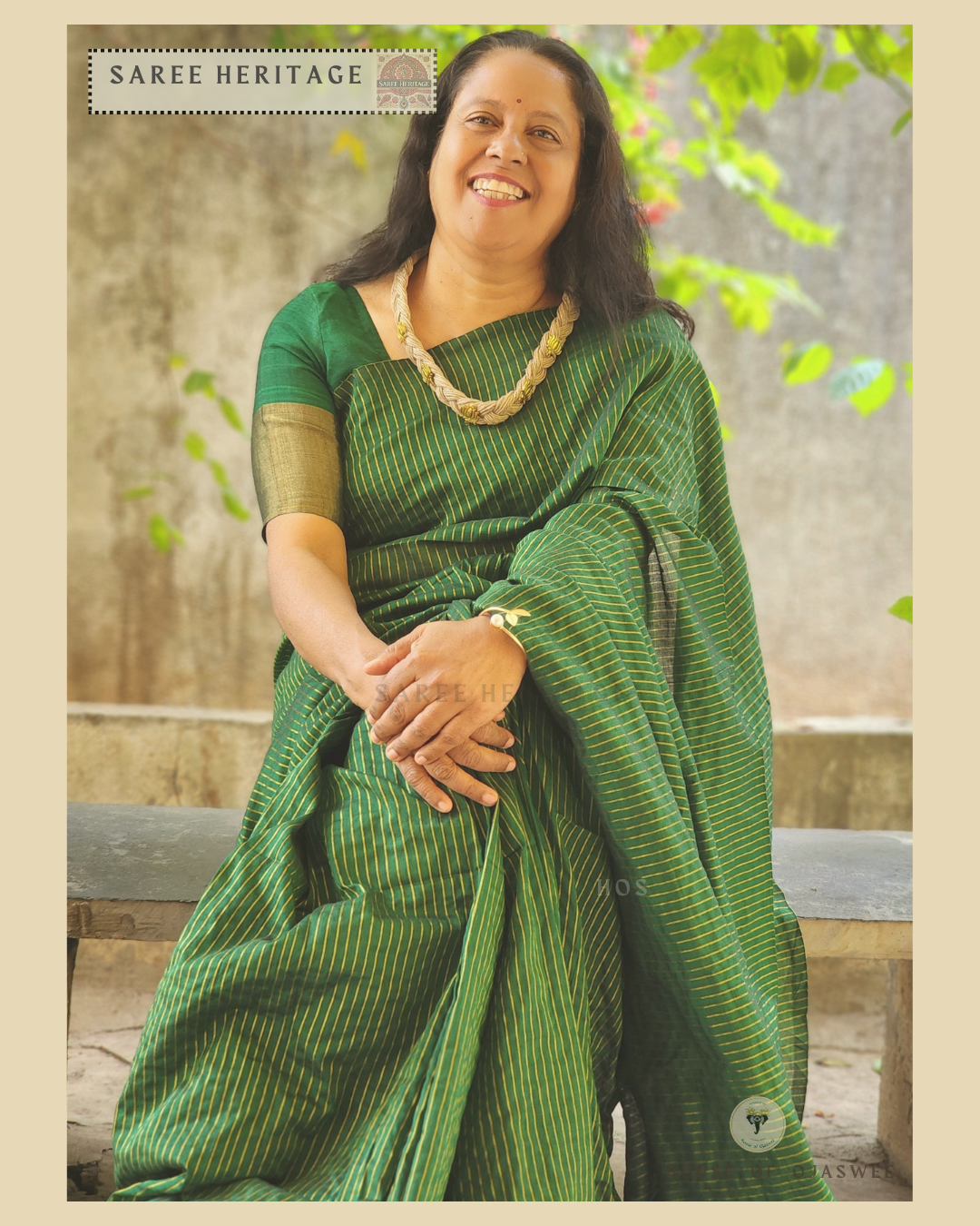 Green Khadi cotton silk saree with Golden jari strips