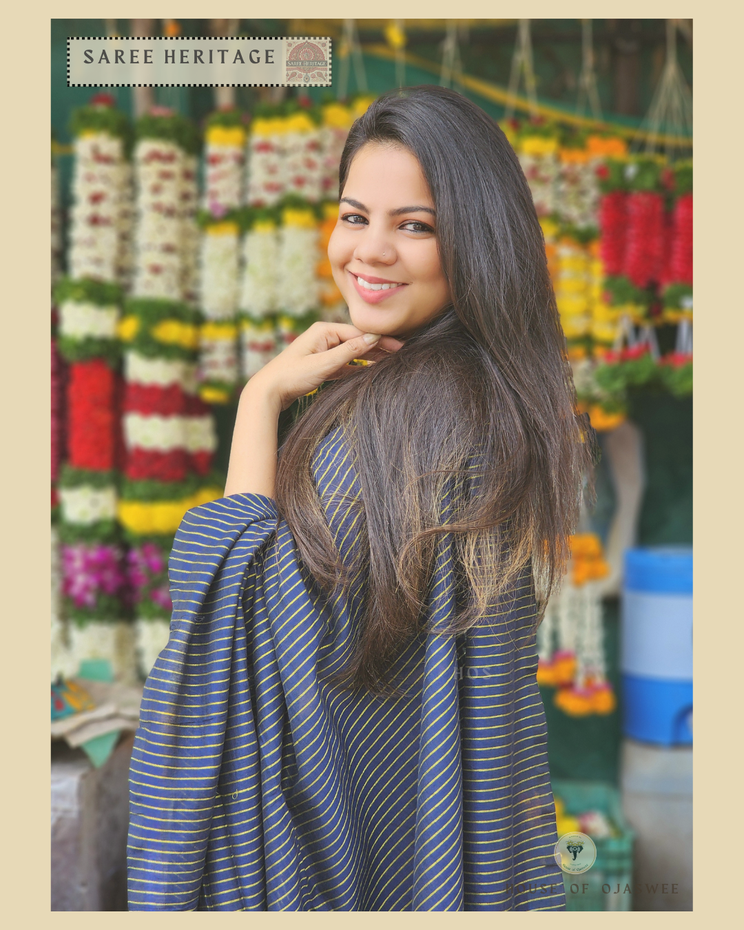 Navy Blue Khadi cotton silk saree with Golden jari stripes 