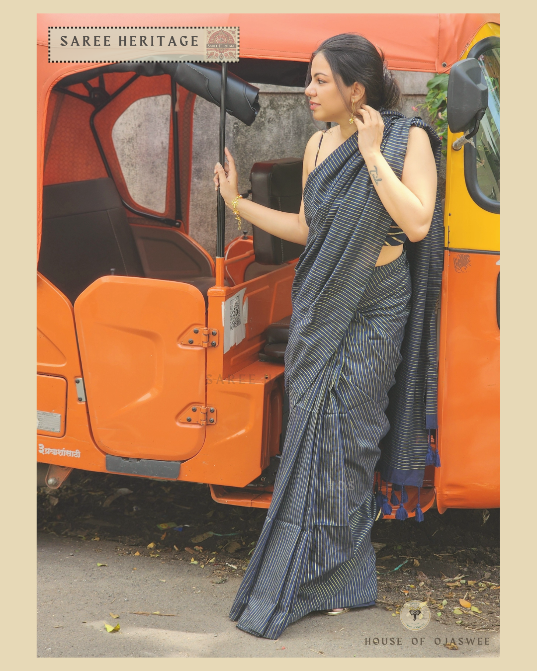 Navy Blue Khadi cotton silk saree with Golden jari stripes 