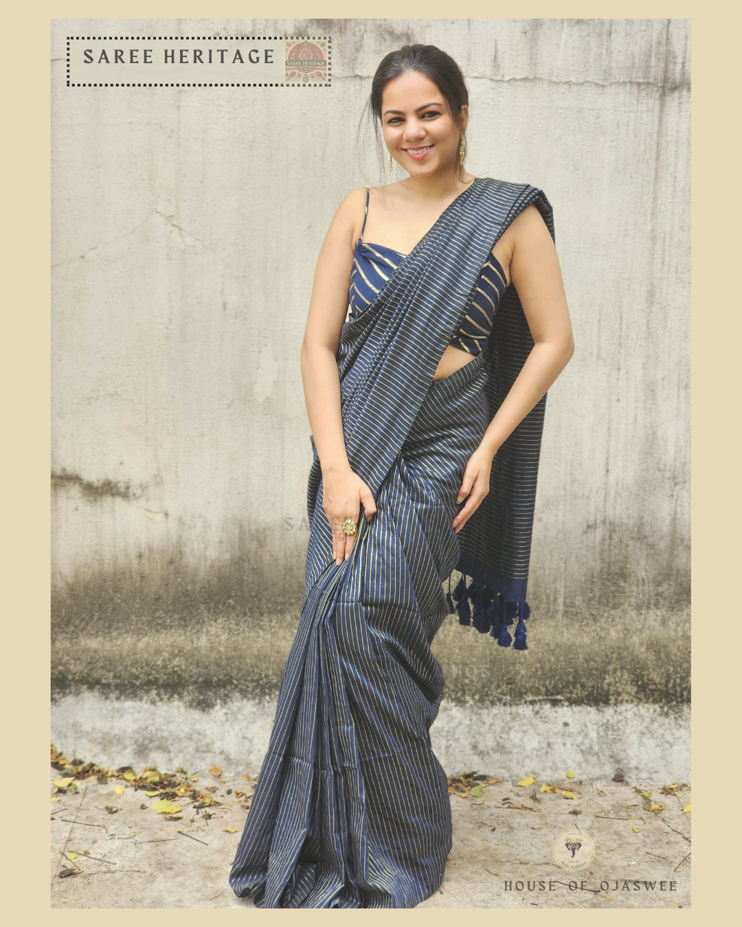 Navy Blue Khadi cotton silk saree with Golden jari stripes 