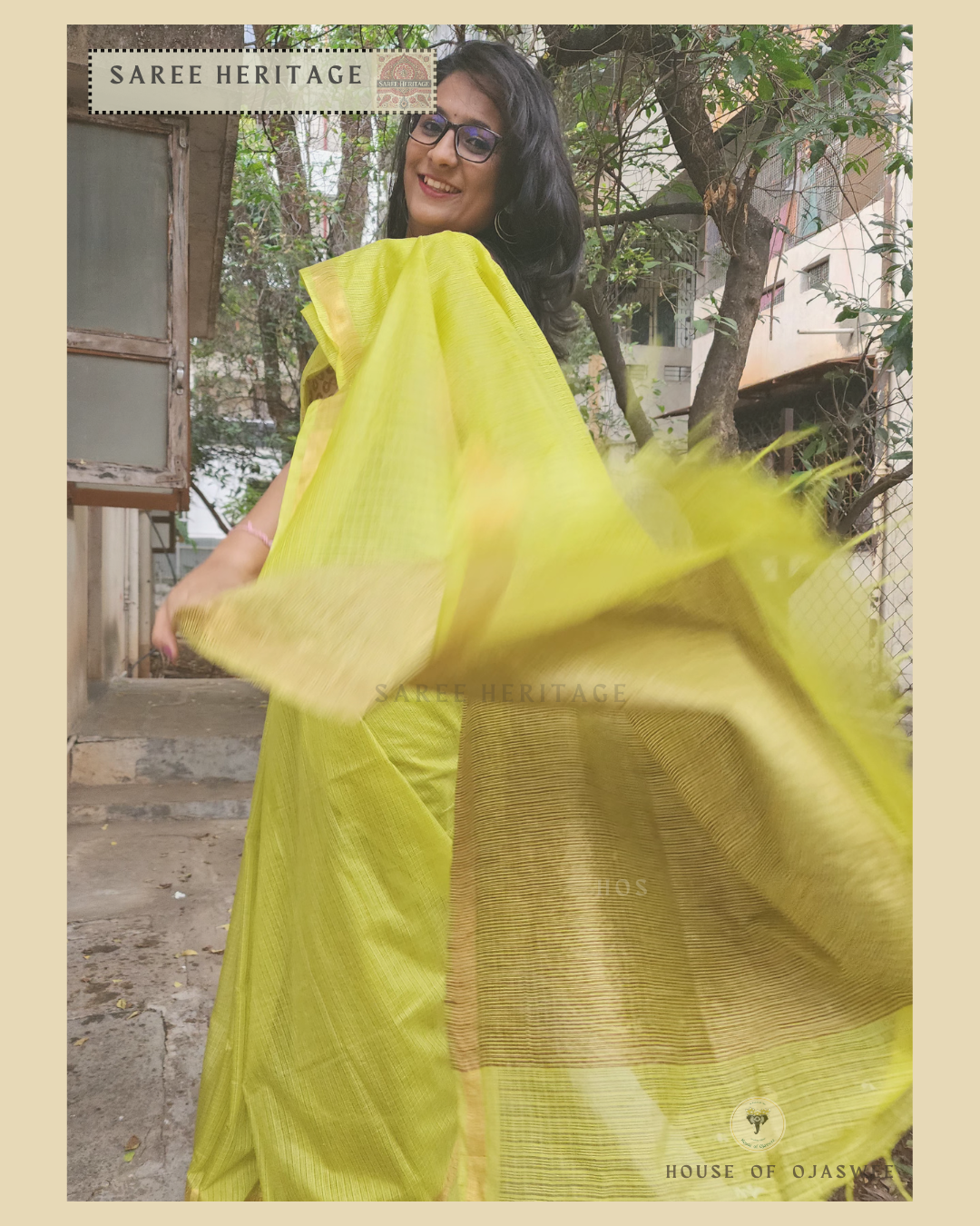  Lime green Kota Doria Silk Saree 