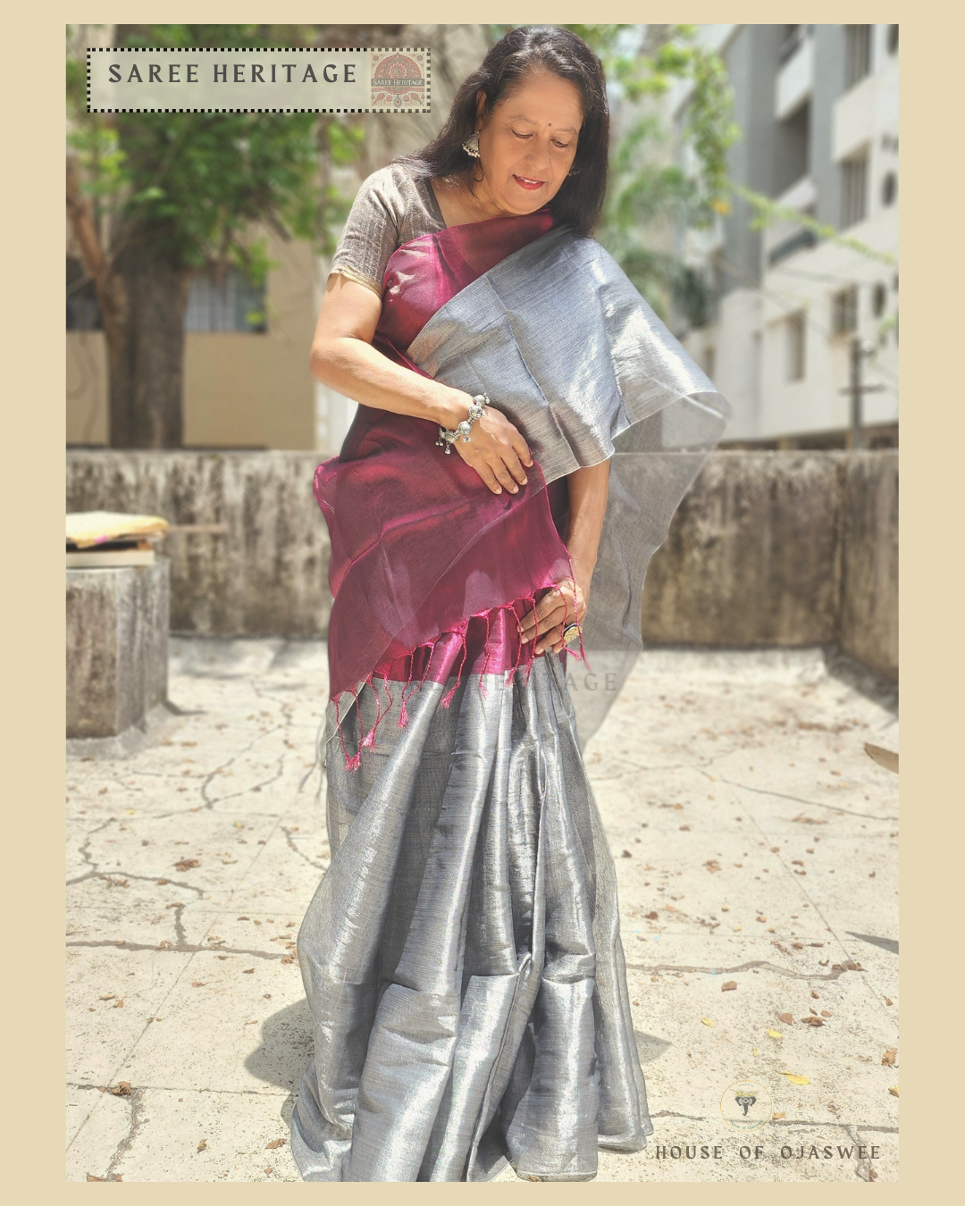 Metallic Magenta Silver Tissue Silk Saree 
