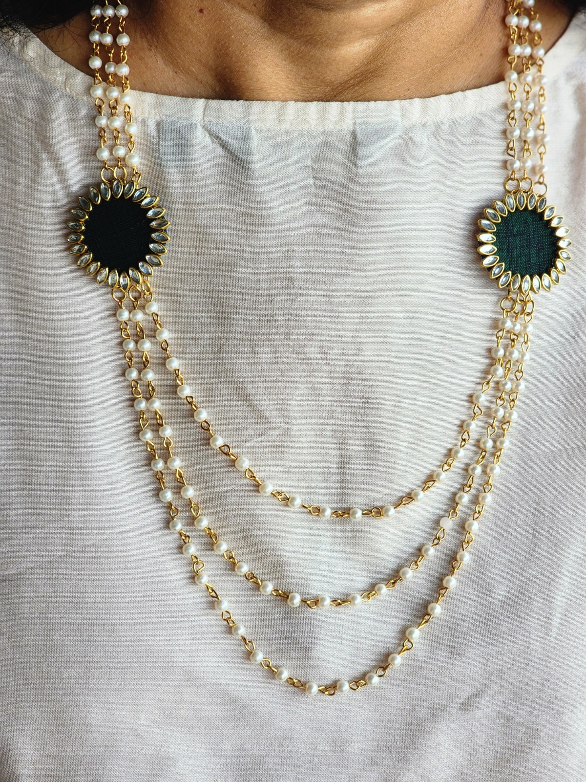 Three layered long moti necklace