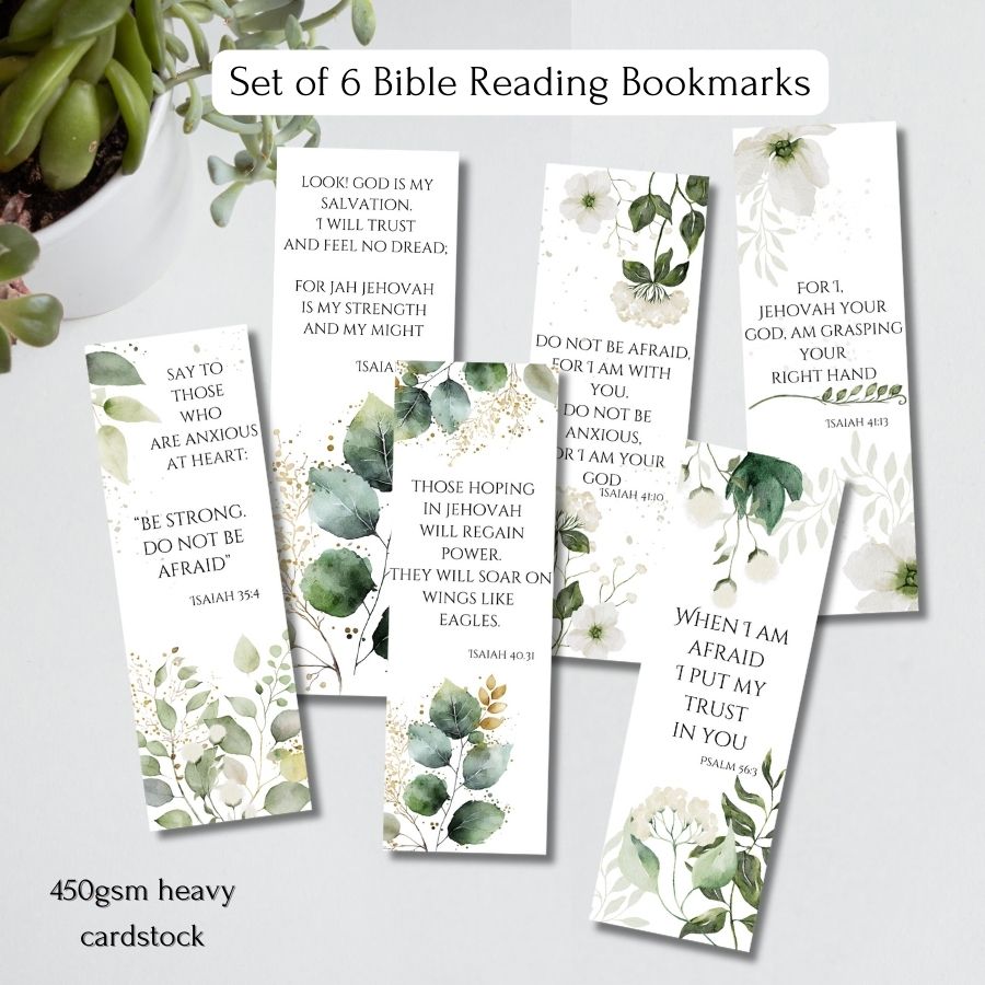 6 pack of Bible Verse Bookmarks with greenery artwork