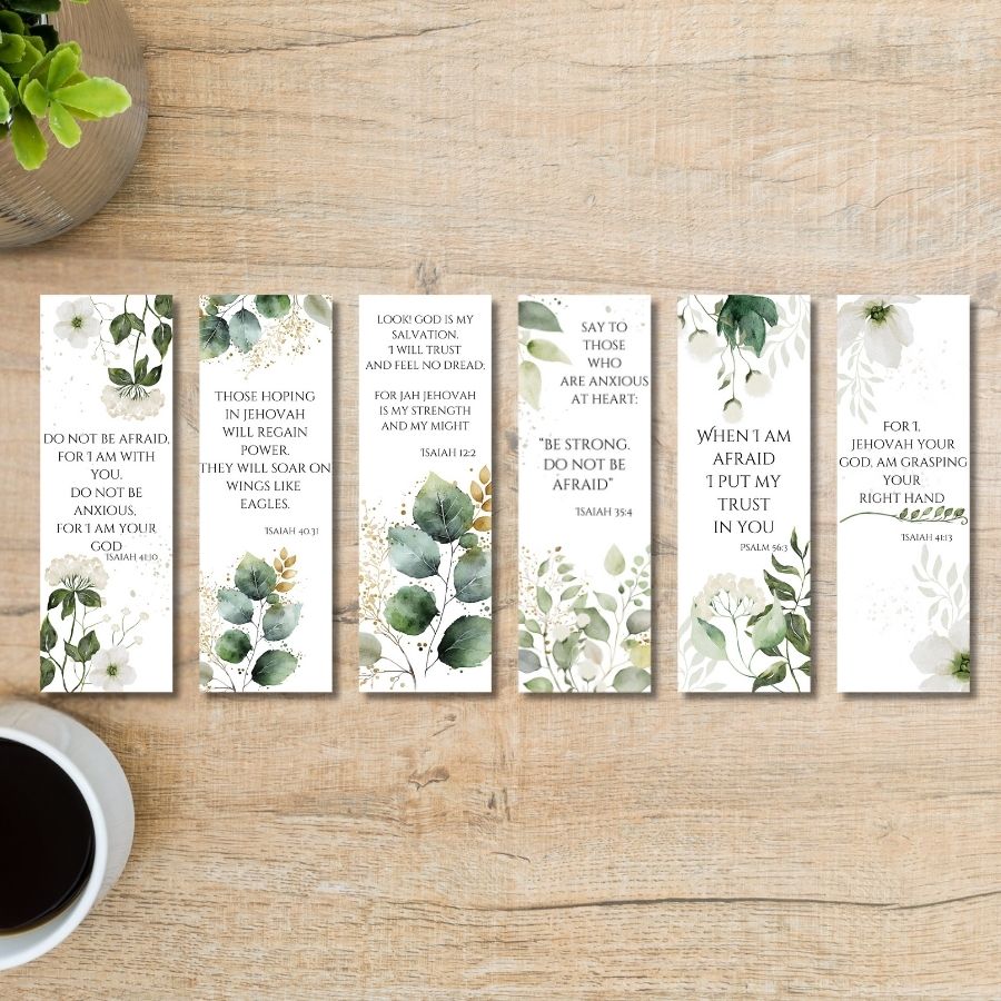 6 pack of Bible Verse Bookmarks with greenery artwork