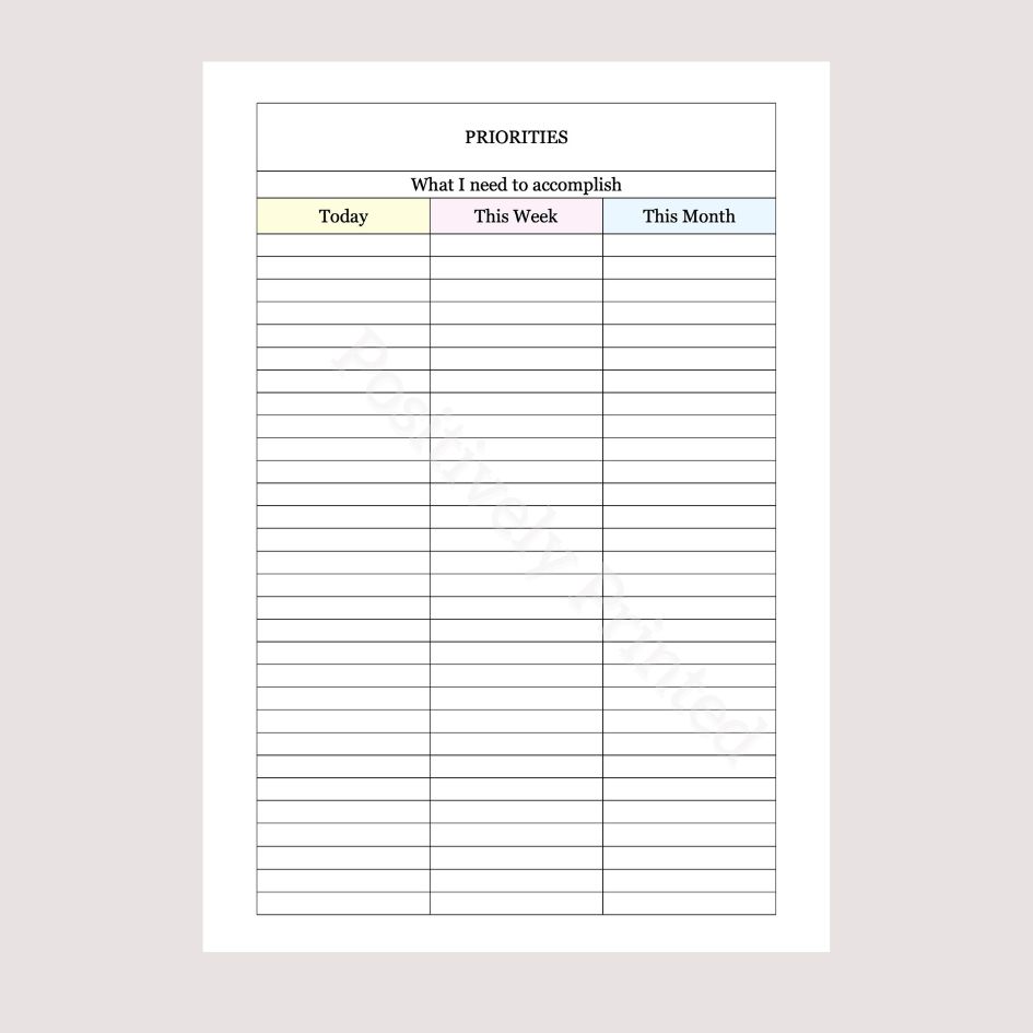 A5 Priorities List Planner Page Inserts