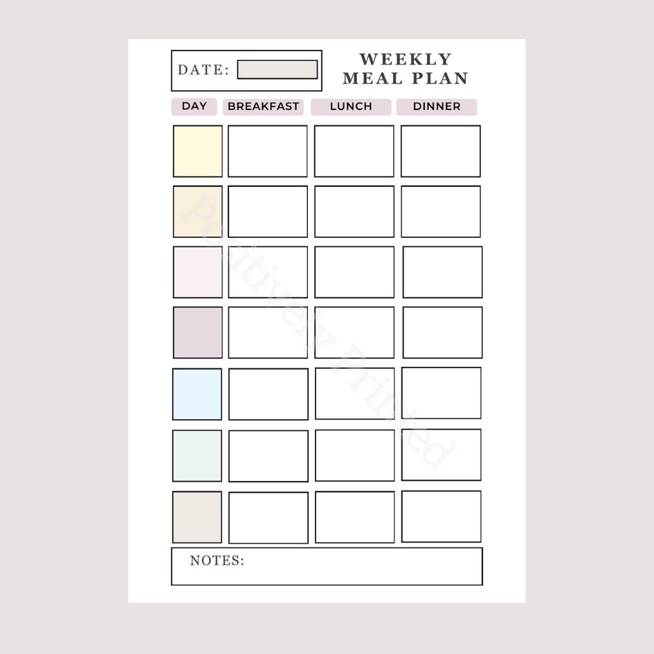 A5 Weekly Meal Planner Page Inserts