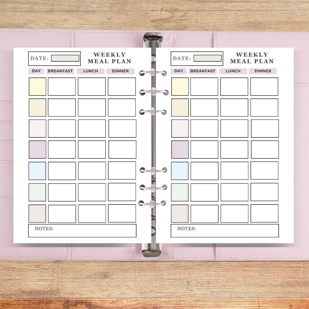 A5 Weekly Meal Planner Page Inserts