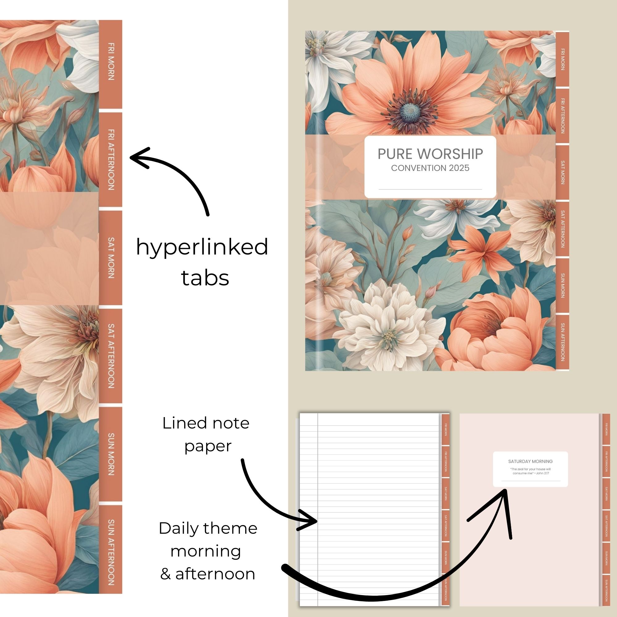 Digital Notebook for Pure Worship Convention 2025 Peach Floral with stickers