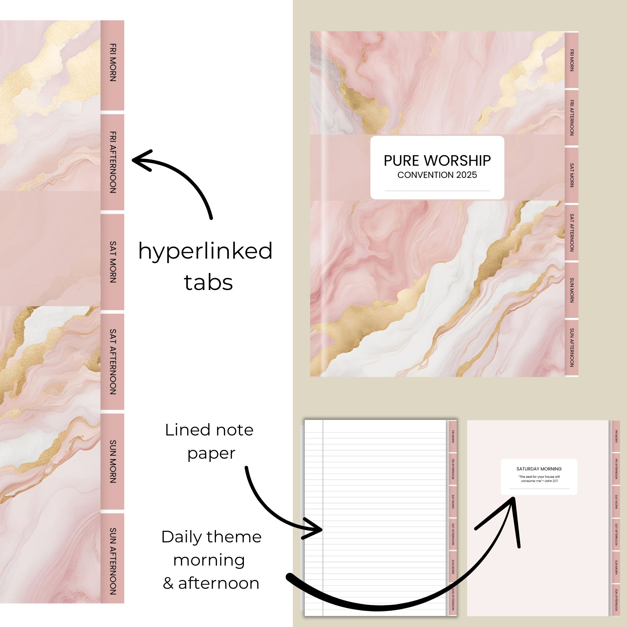 Digital Notebook for Pure Worship Convention 2025 Pink Marble With Stickers