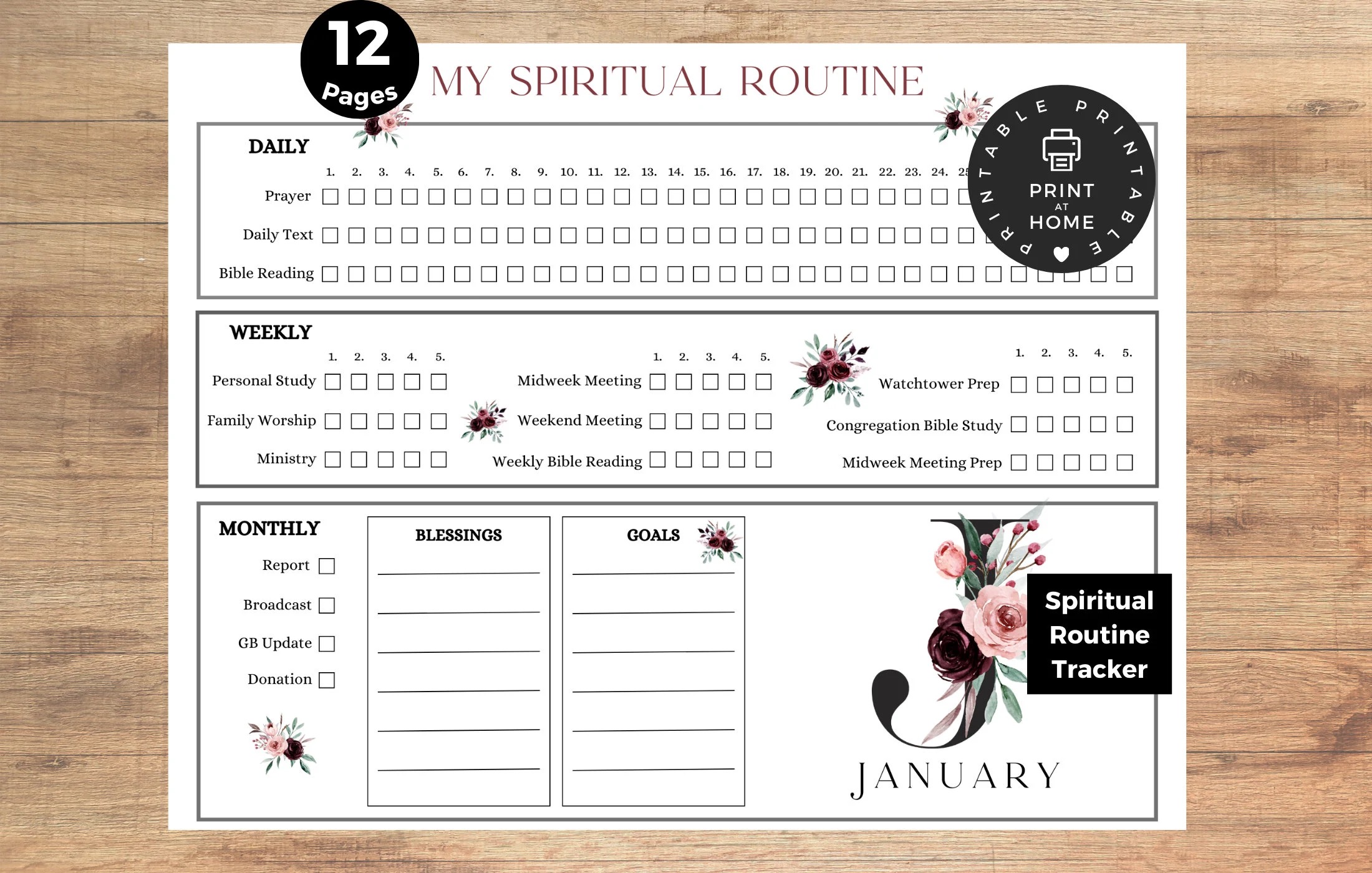 JW Spiritual Routine Monthly Tracker Printable Download