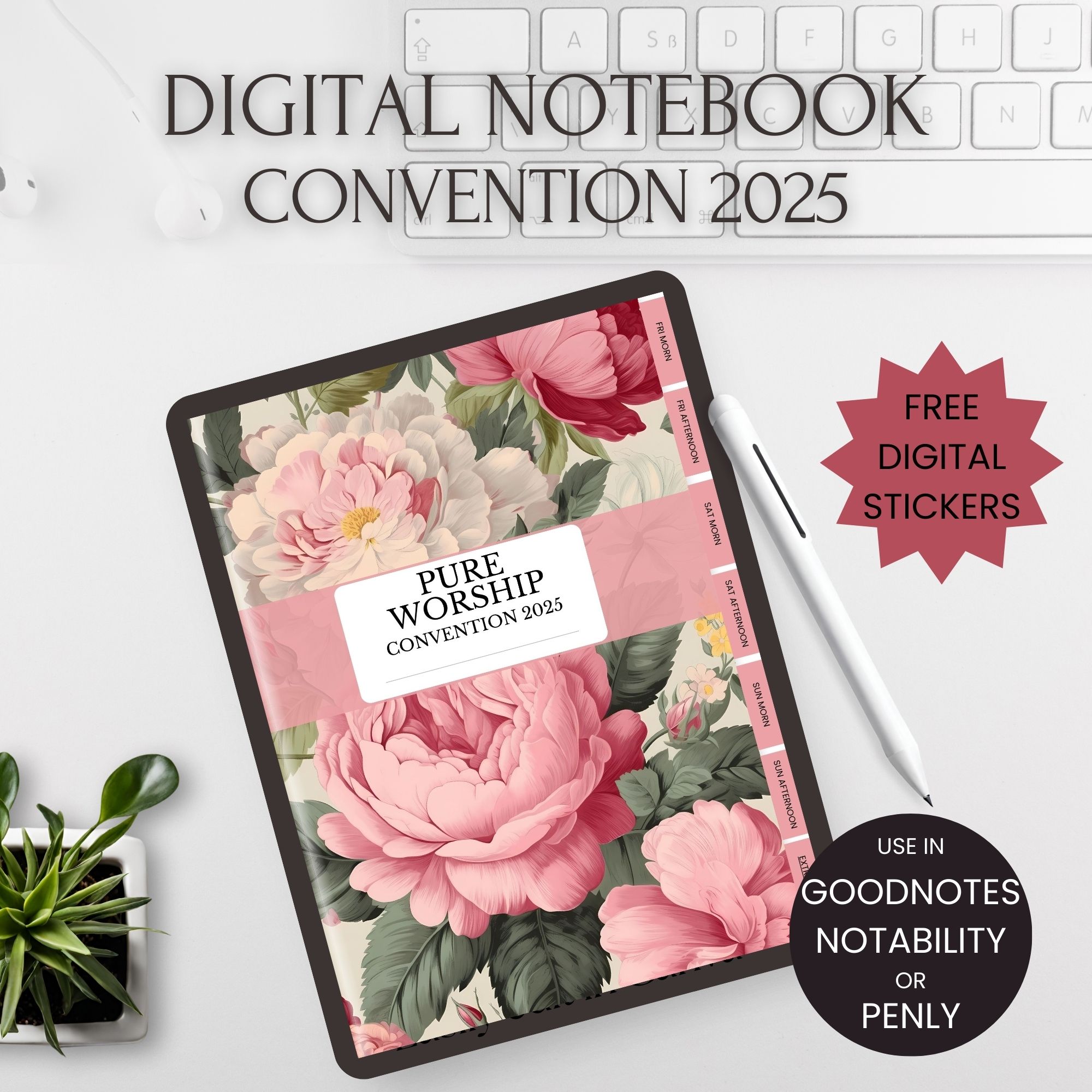 Digital Notebook for Pure Worship Convention 2025 Vintage Roses With Stickers
