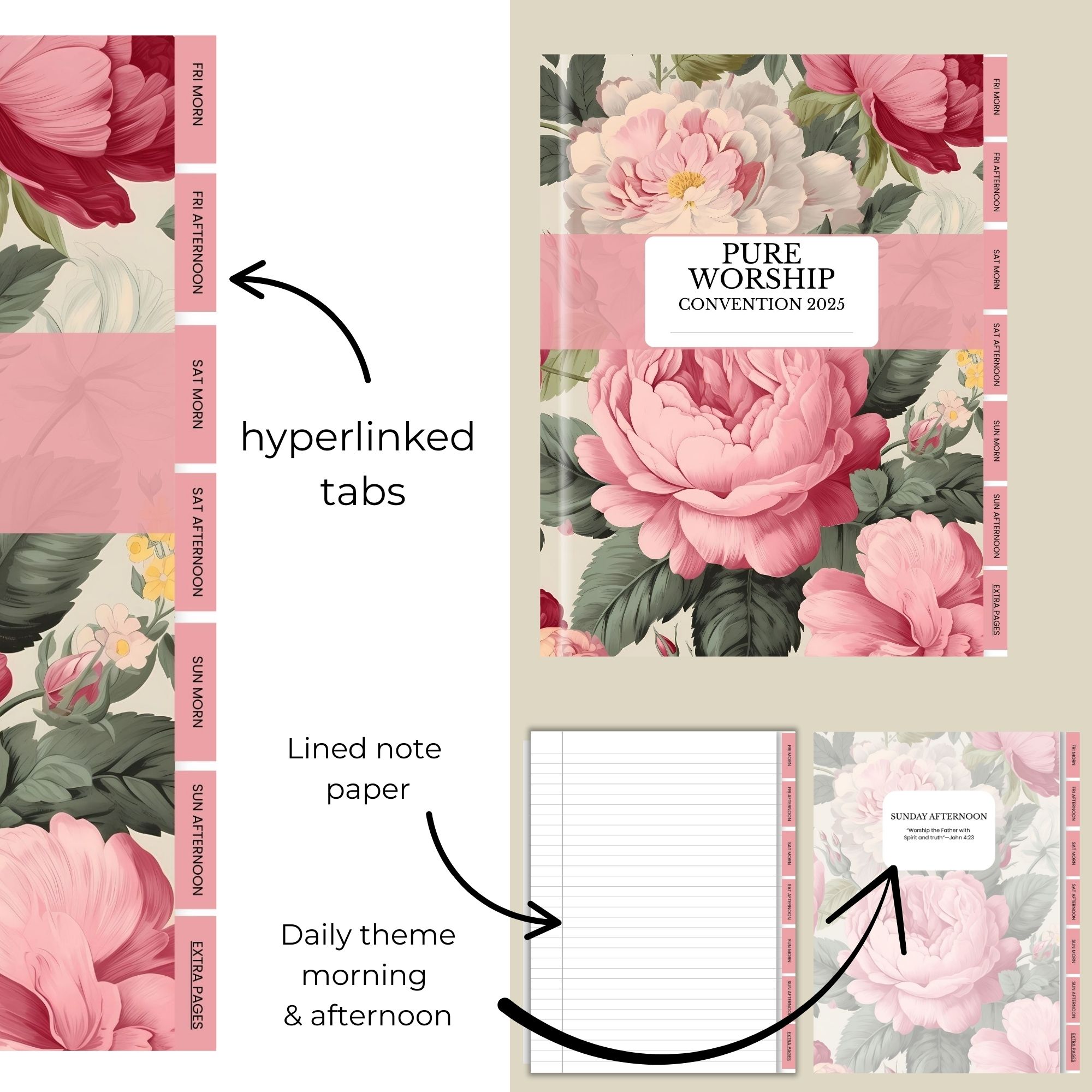 Digital Notebook for Pure Worship Convention 2025 Vintage Roses With Stickers