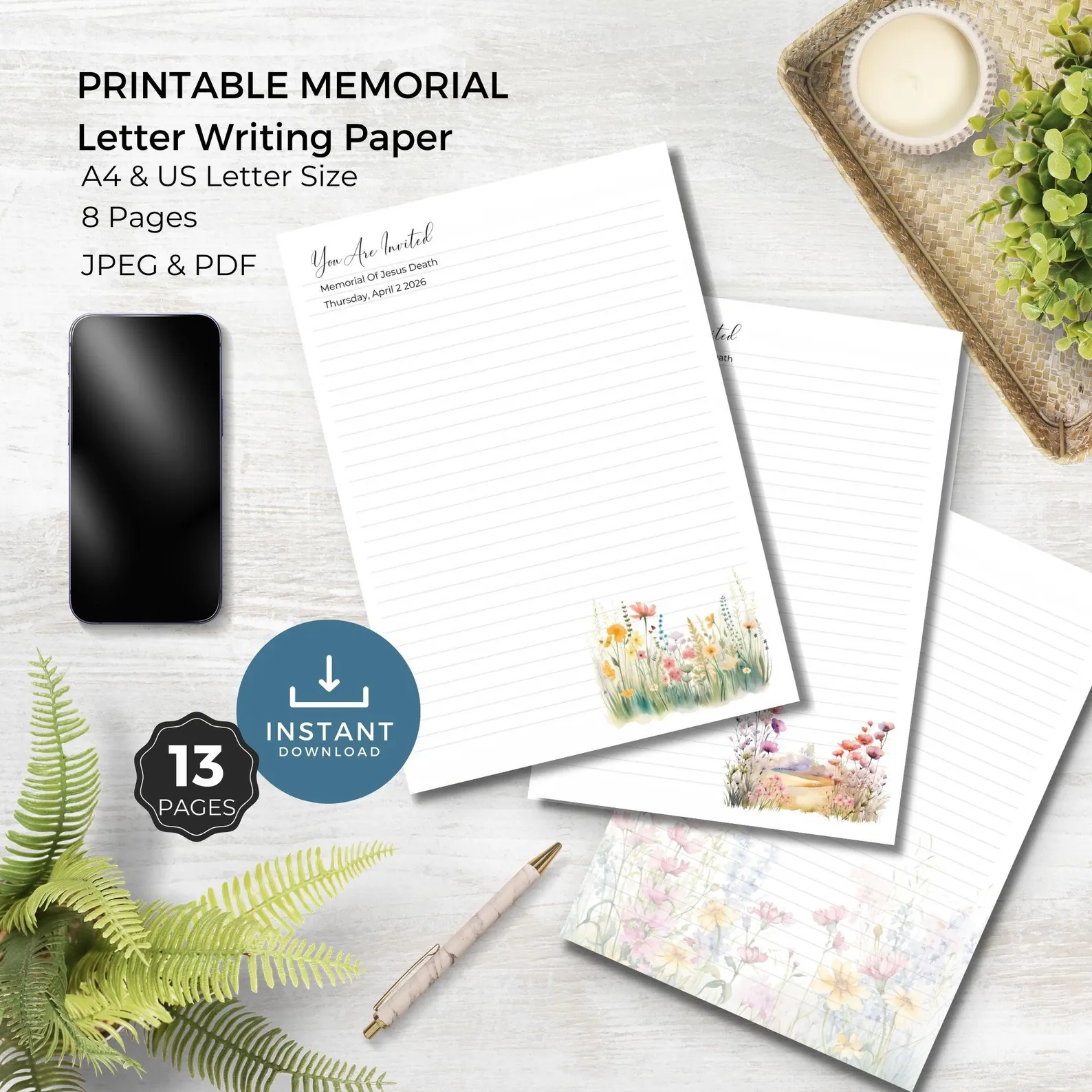 Floral Memorial Invite Letter Writing Paper Download
