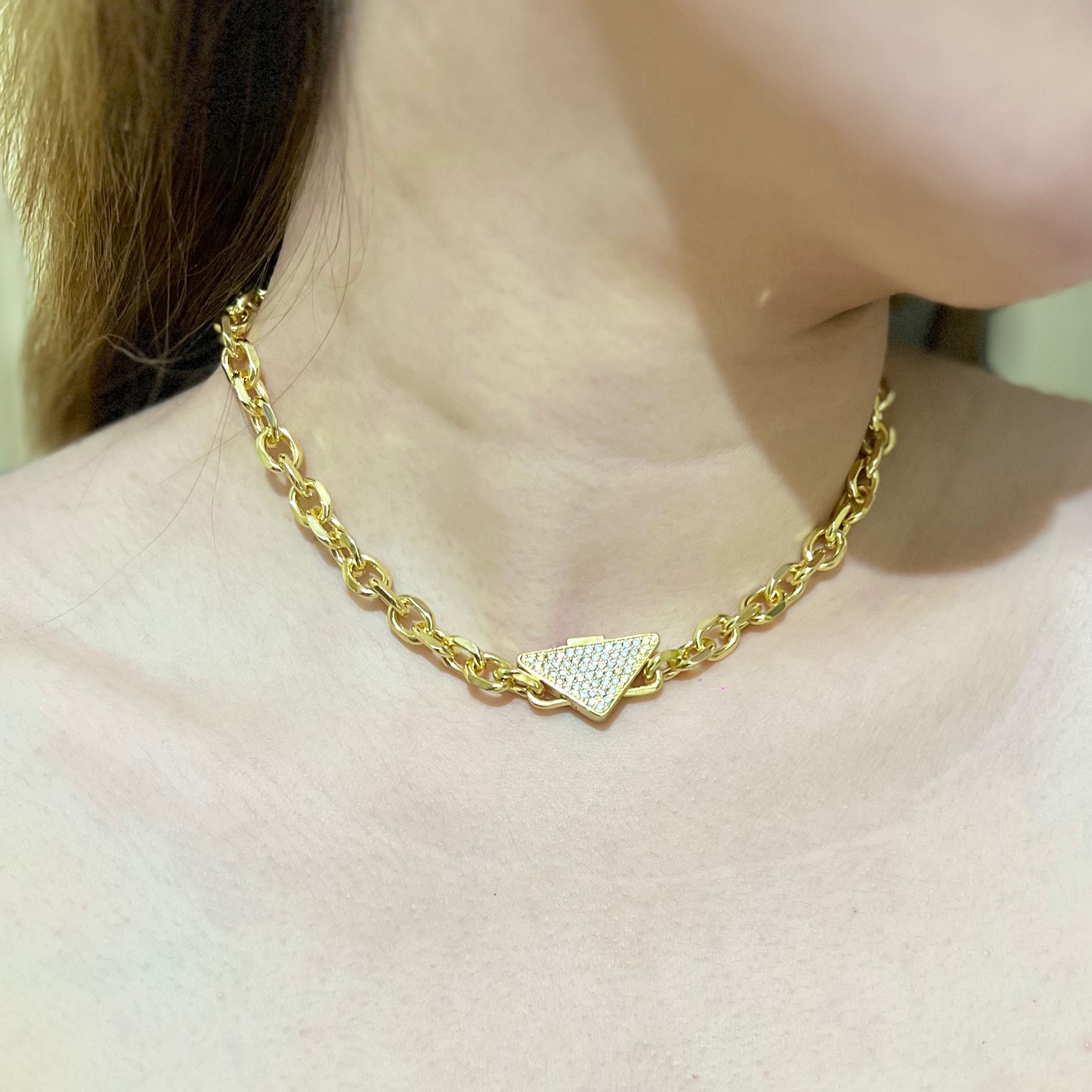 Gold Triangle Pendant Choker Necklace (15inch)