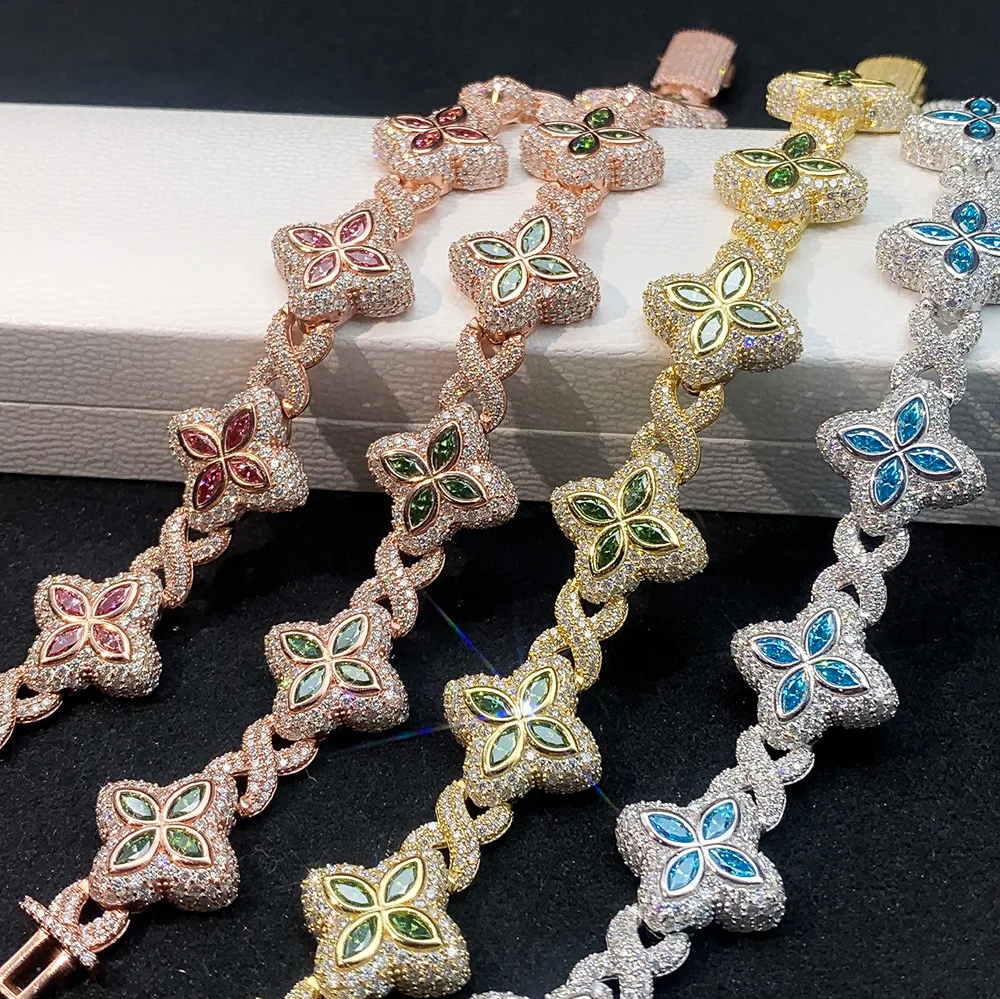 8mm Full Moissanite Flower Bracelet for Women & Men – VVS1 D Color, 18K White Gold Plated 925 Silver, Pink, Green, Black, Blue Options