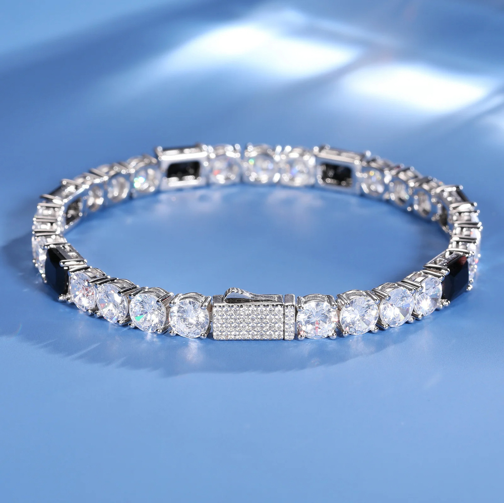 The Orion Bracelet™ – 6mm Moissanite Tennis Bracelet/ Chain in 925 Sterling Silver with D Color Stones and Black CZ Accents