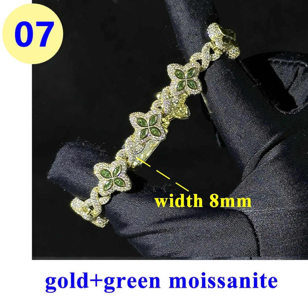 8mm Full Moissanite Flower Bracelet for Women & Men – VVS1 D Color, 18K White Gold Plated 925 Silver, Pink, Green, Black, Blue Options