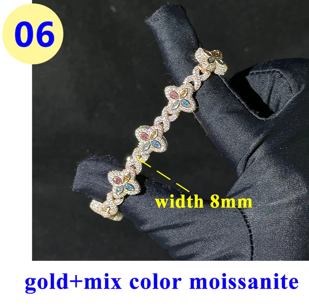 8mm Full Moissanite Flower Bracelet for Women & Men – VVS1 D Color, 18K White Gold Plated 925 Silver, Pink, Green, Black, Blue Options