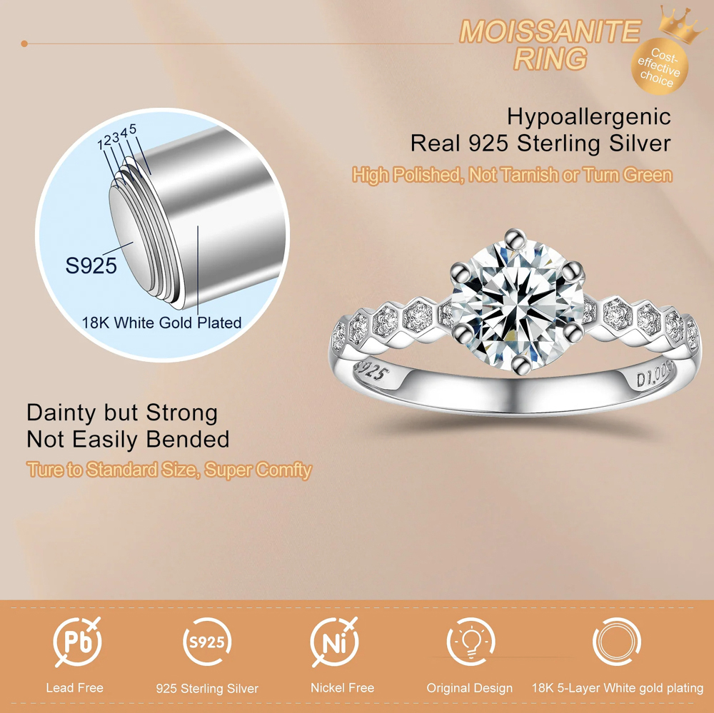 The Amaris Ring™ – 1 Carat D Color VVS1 Moissanite Solitaire Wedding Ring with Moissanite Eternity Band in 925 Sterling Silver