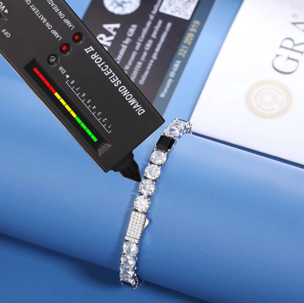 The Orion Bracelet™ – 6mm Moissanite Tennis Bracelet/ Chain in 925 Sterling Silver with D Color Stones and Black CZ Accents