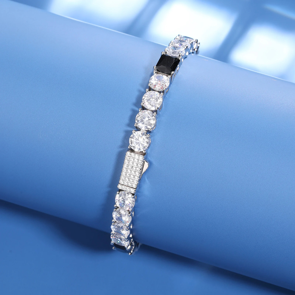 The Orion Bracelet™ – 6mm Moissanite Tennis Bracelet/ Chain in 925 Sterling Silver with D Color Stones and Black CZ Accents