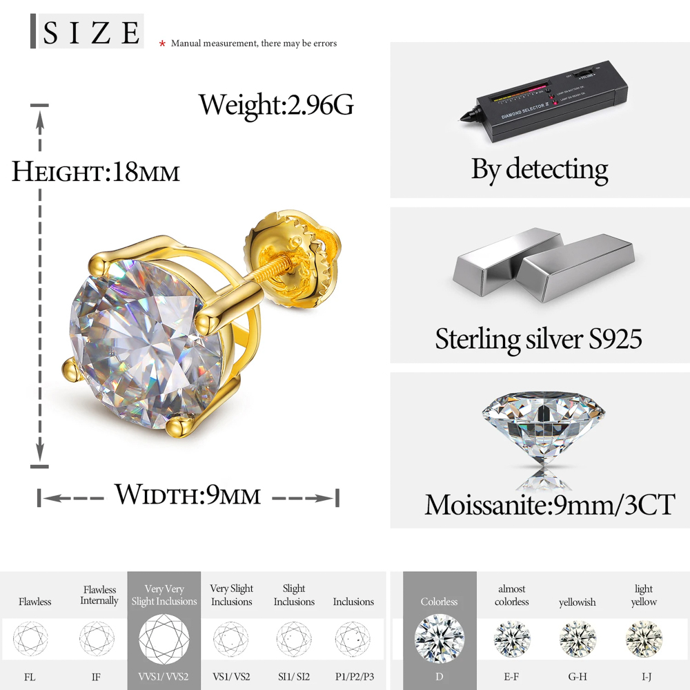 The Caelus Studs™ – 3.0 Carat D Color Moissanite Stud Earrings in 18K Gold Plated or 925 Sterling Silver (9mm Round Solitaire)