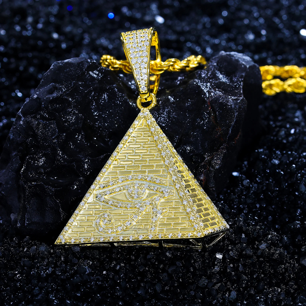 The Amun Charm™ – Pyramid Eye of Horus Moissanite Pendant Necklace in 925 Sterling Silver or 18K Gold Plating (Passes Diamond Tester)