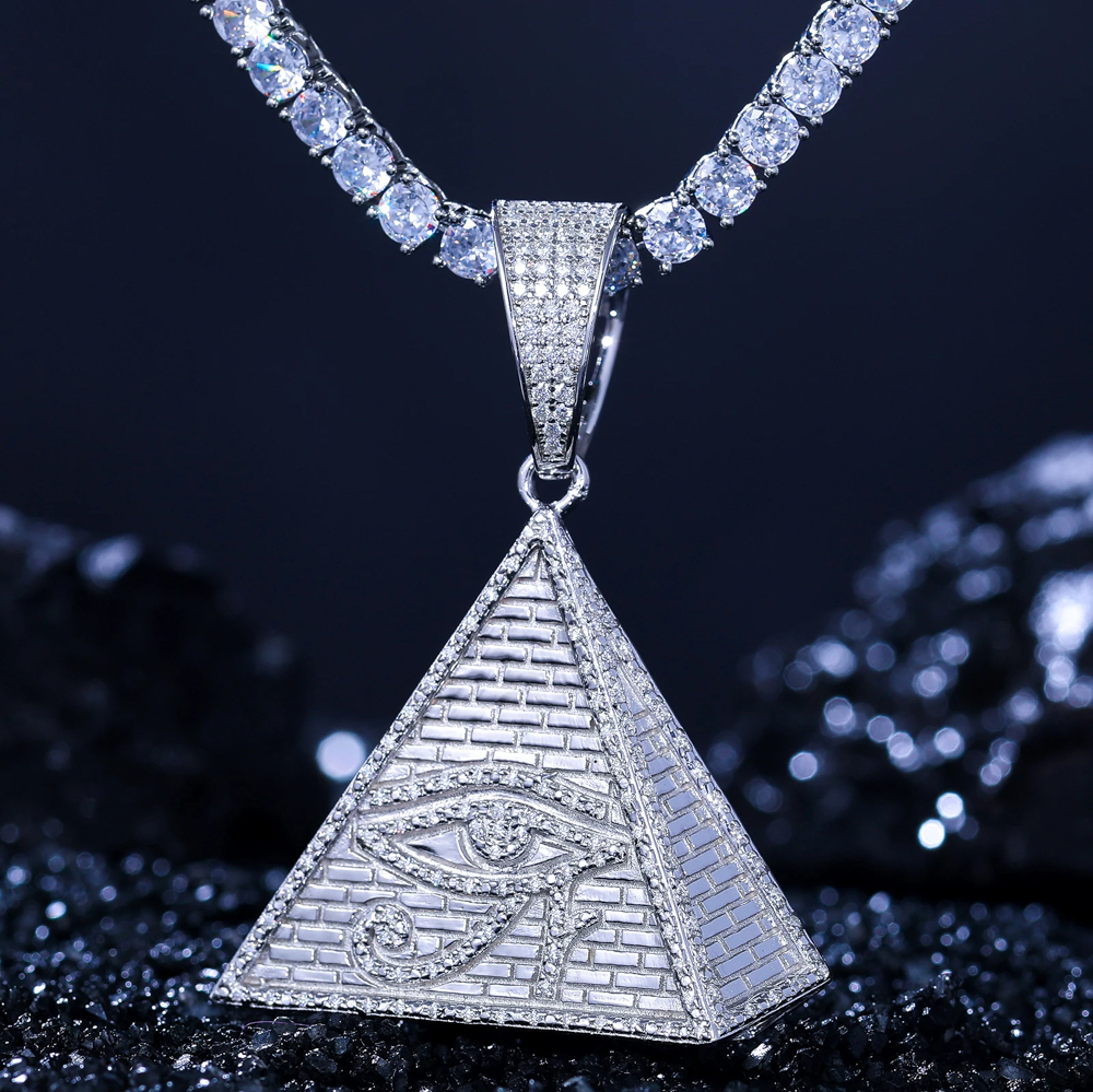 The Amun Charm™ – Pyramid Eye of Horus Moissanite Pendant Necklace in 925 Sterling Silver or 18K Gold Plating (Passes Diamond Tester)