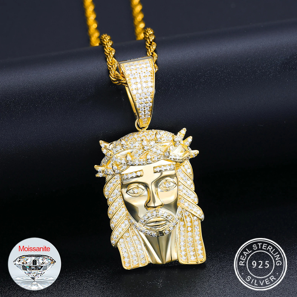 The Solomon Pendant™ – Moissanite Jesus Head Necklace in 925 Sterling Silver or 18K Gold Finish (Passes Diamond Tester, GRA Certified)
